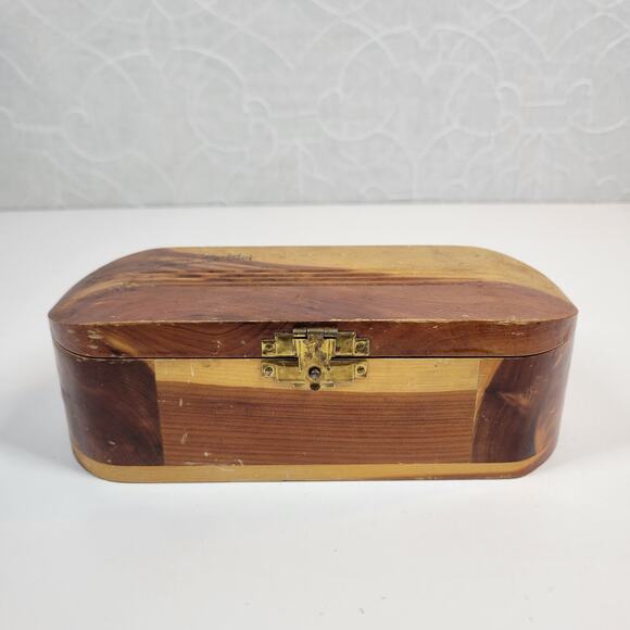 Vintage Mango Wood Box Two Tone Brown Trinket Jewelry Hinged Closure Hollywood - Picture 2 of 13